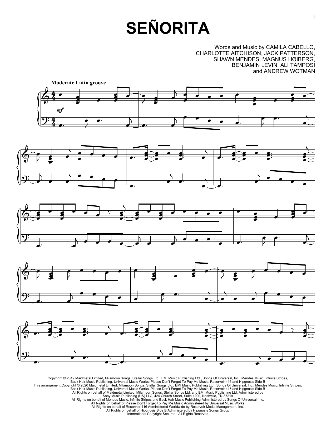 Shawn Mendes and Camila Cabello Señorita sheet music notes and chords. Download Printable PDF.