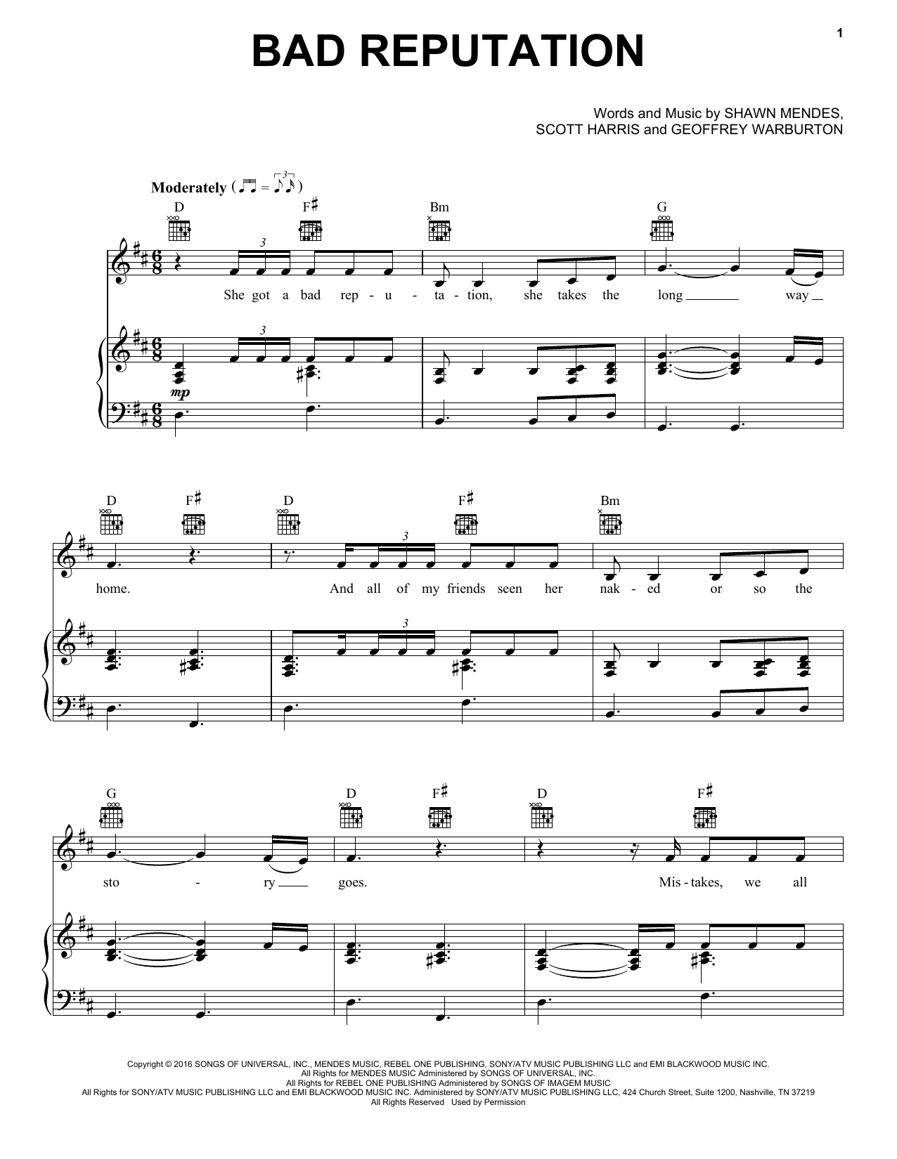 Shawn Mendes Bad Reputation sheet music notes and chords. Download Printable PDF.