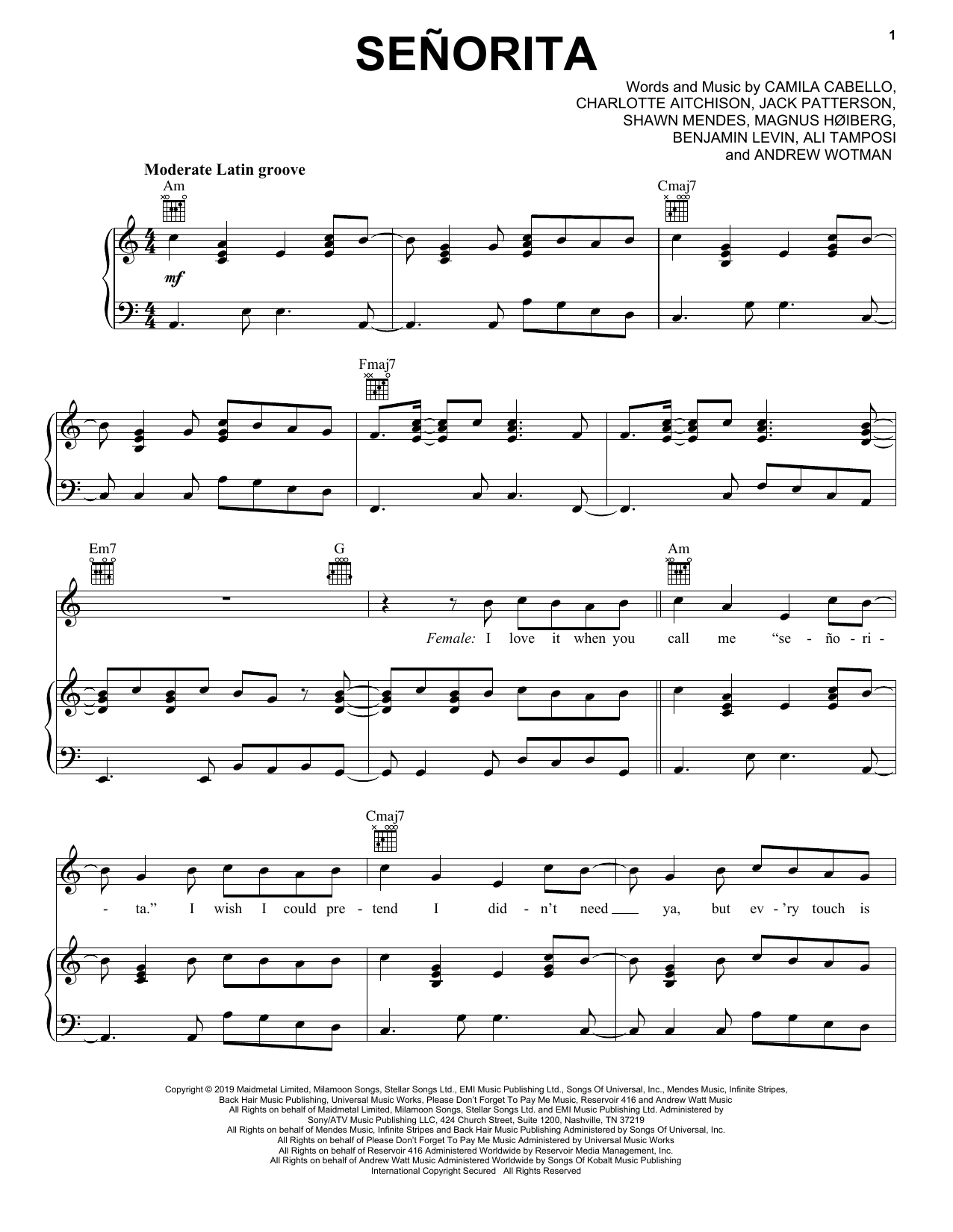 Shawn Mendes & Camila Cabello Señorita sheet music notes and chords. Download Printable PDF.