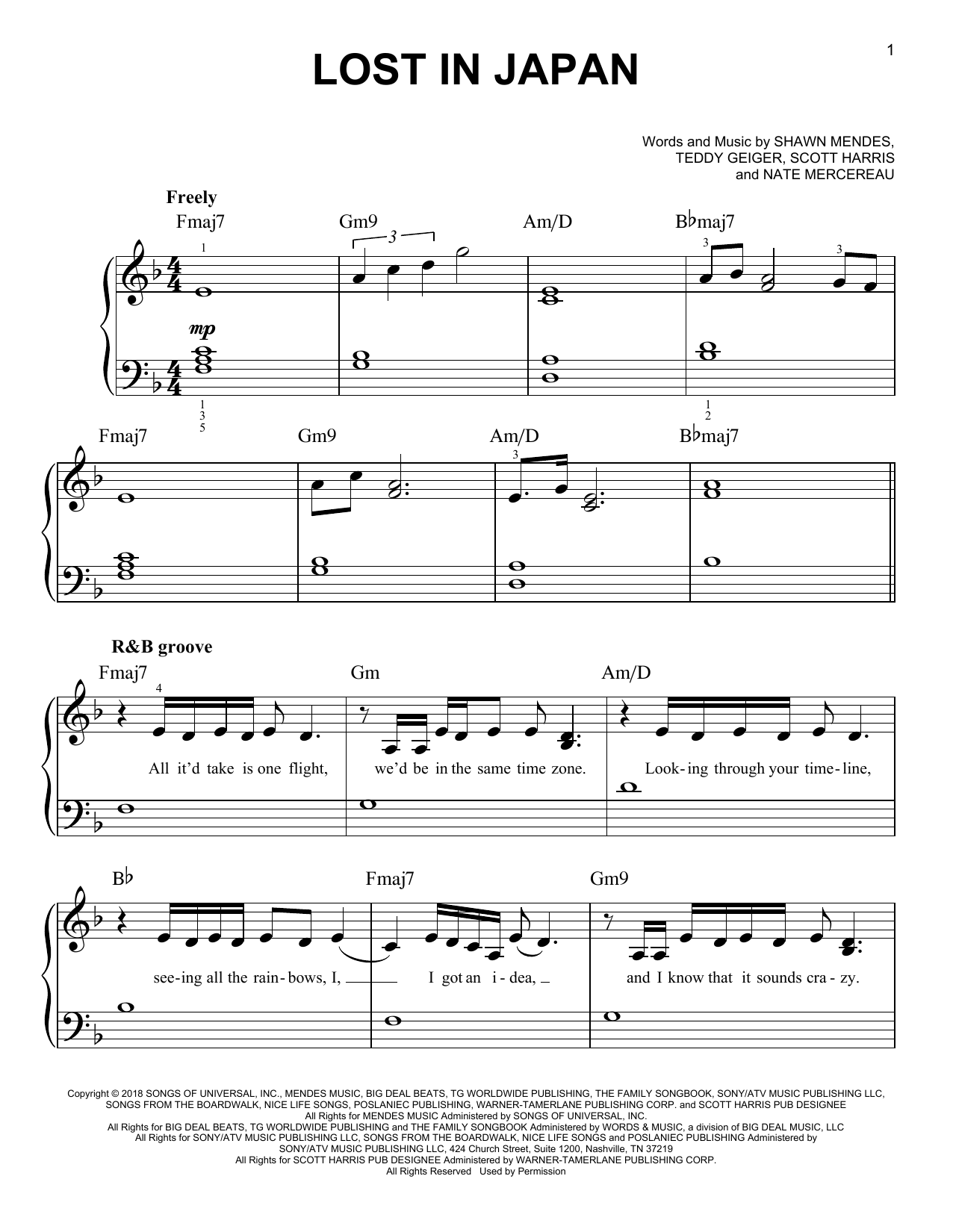 Shawn Mendes Lost In Japan sheet music notes and chords. Download Printable PDF.