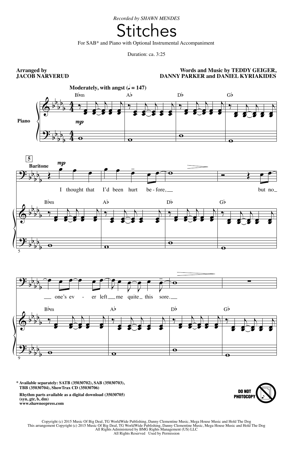 Shawn Mendes Stitches (arr. Jacob Narverud) sheet music notes and chords. Download Printable PDF.