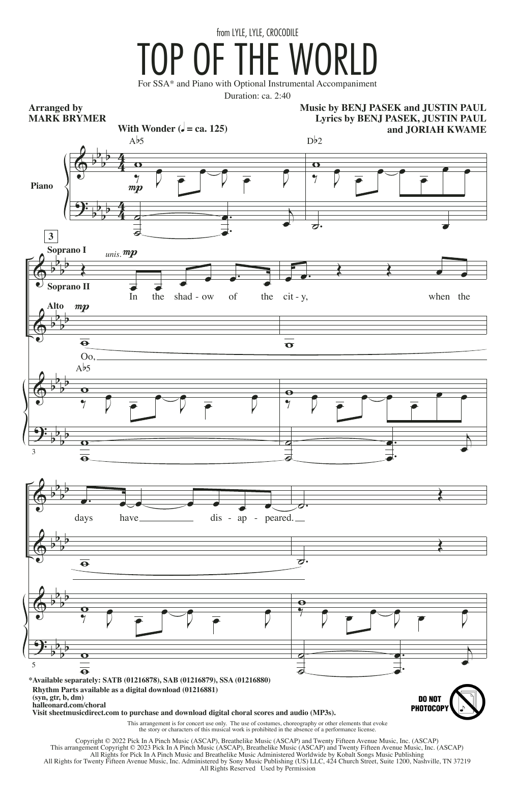 Shawn Mendes Top Of The World (from Lyle, Lyle, Crocodile) (arr. Mark Brymer) sheet music notes and chords. Download Printable PDF.