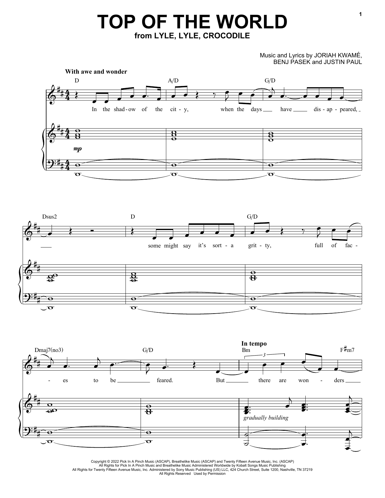 Shawn Mendes Top Of The World (from Lyle, Lyle, Crocodile) sheet music notes and chords. Download Printable PDF.