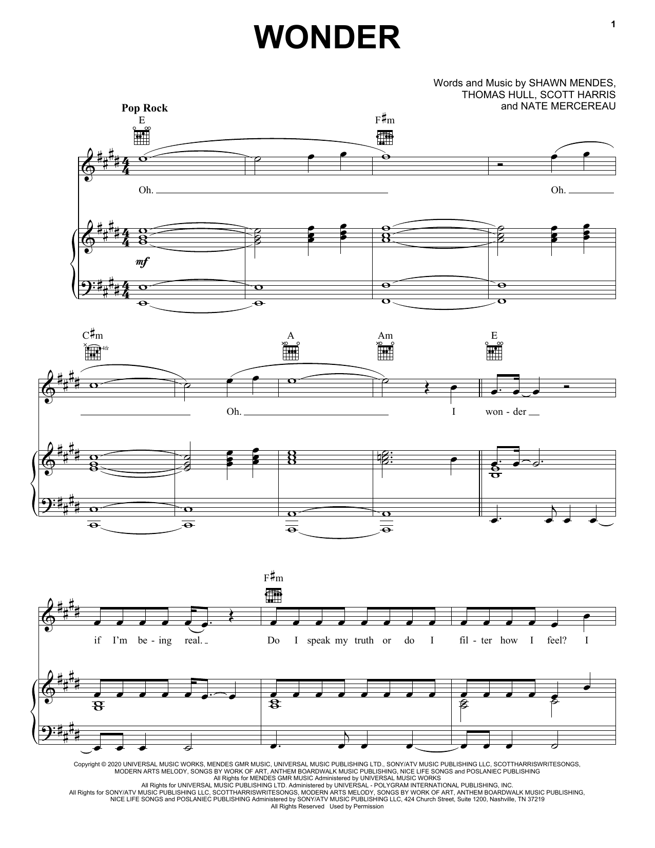 Shawn Mendes Wonder sheet music notes and chords. Download Printable PDF.