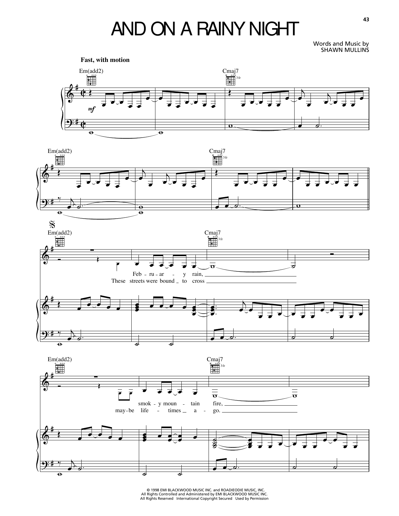 Shawn Mullins And On A Rainy Night sheet music notes and chords arranged for Piano, Vocal & Guitar Chords (Right-Hand Melody)