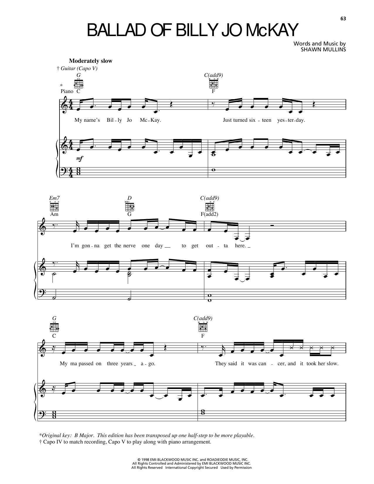 Shawn Mullins Ballad Of Billy Jo McKay sheet music notes and chords arranged for Piano, Vocal & Guitar Chords (Right-Hand Melody)