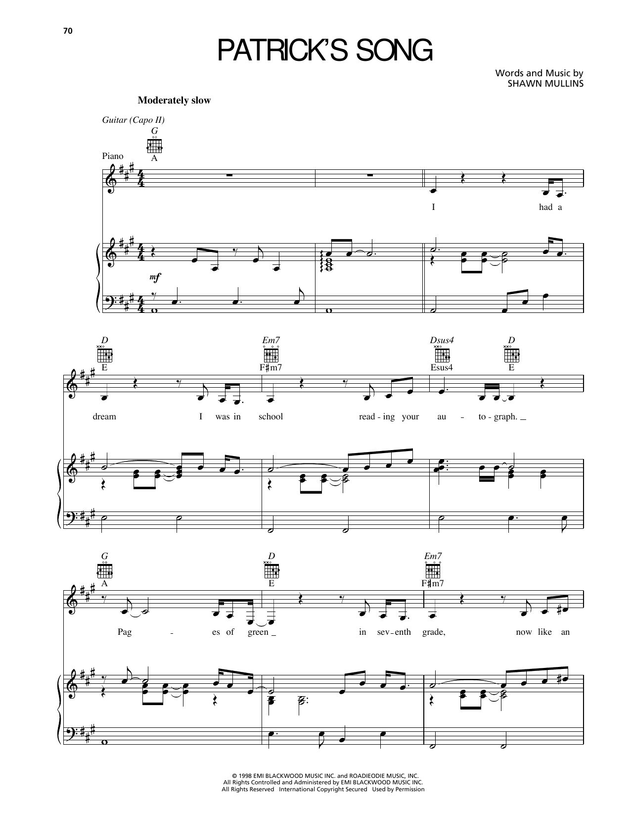 Learn to play Shawn Mullins Patrick's Song sheet music for Piano, Vocal & Guitar Chords (Right-Hand Melody) in minutes. Price: 7.8900$ Shawn Mullins Patrick's Song sheet music notes and chords arranged for Piano, Vocal & Guitar Chords (Right-Hand Melody)