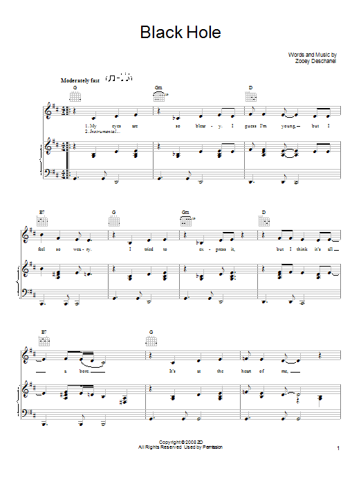 Learn to play She & Him Black Hole sheet music for Piano, Vocal & Guitar Chords (Right-Hand Melody) in minutes. Price: 7.8900$ She & Him Black Hole sheet music notes and chords arranged for Piano, Vocal & Guitar Chords (Right-Hand Melody)