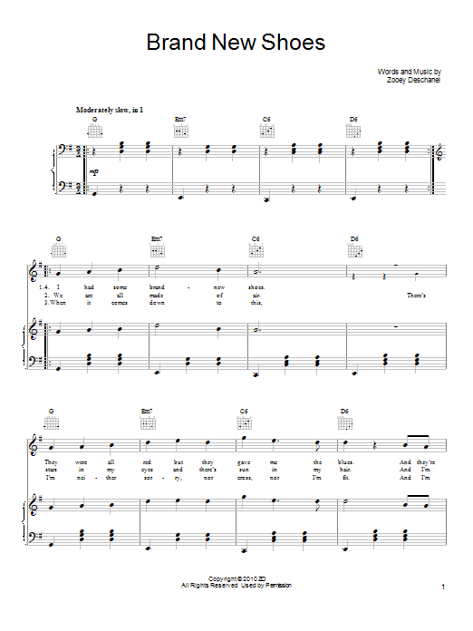 Learn to play She & Him Brand New Shoes sheet music for Piano, Vocal & Guitar Chords (Right-Hand Melody) in minutes. Price: 7.8900$ She & Him Brand New Shoes sheet music notes and chords arranged for Piano, Vocal & Guitar Chords (Right-Hand Melody)