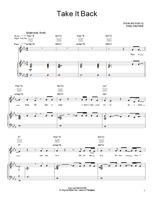 Learn to play She & Him Take It Back sheet music for Piano, Vocal & Guitar Chords (Right-Hand Melody) in minutes. Price: 7.8900$ She & Him Take It Back sheet music notes and chords arranged for Piano, Vocal & Guitar Chords (Right-Hand Melody)
