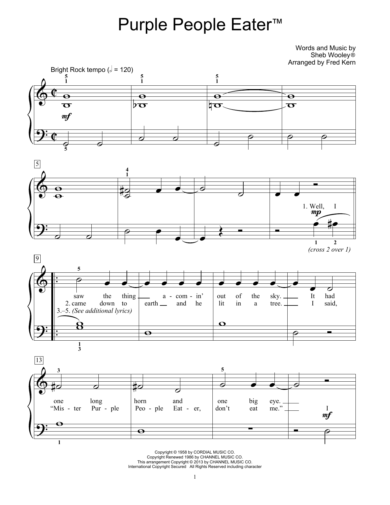 Sheb Wooley Purple People Eater (arr. Fred Kern) sheet music notes and chords. Download Printable PDF.