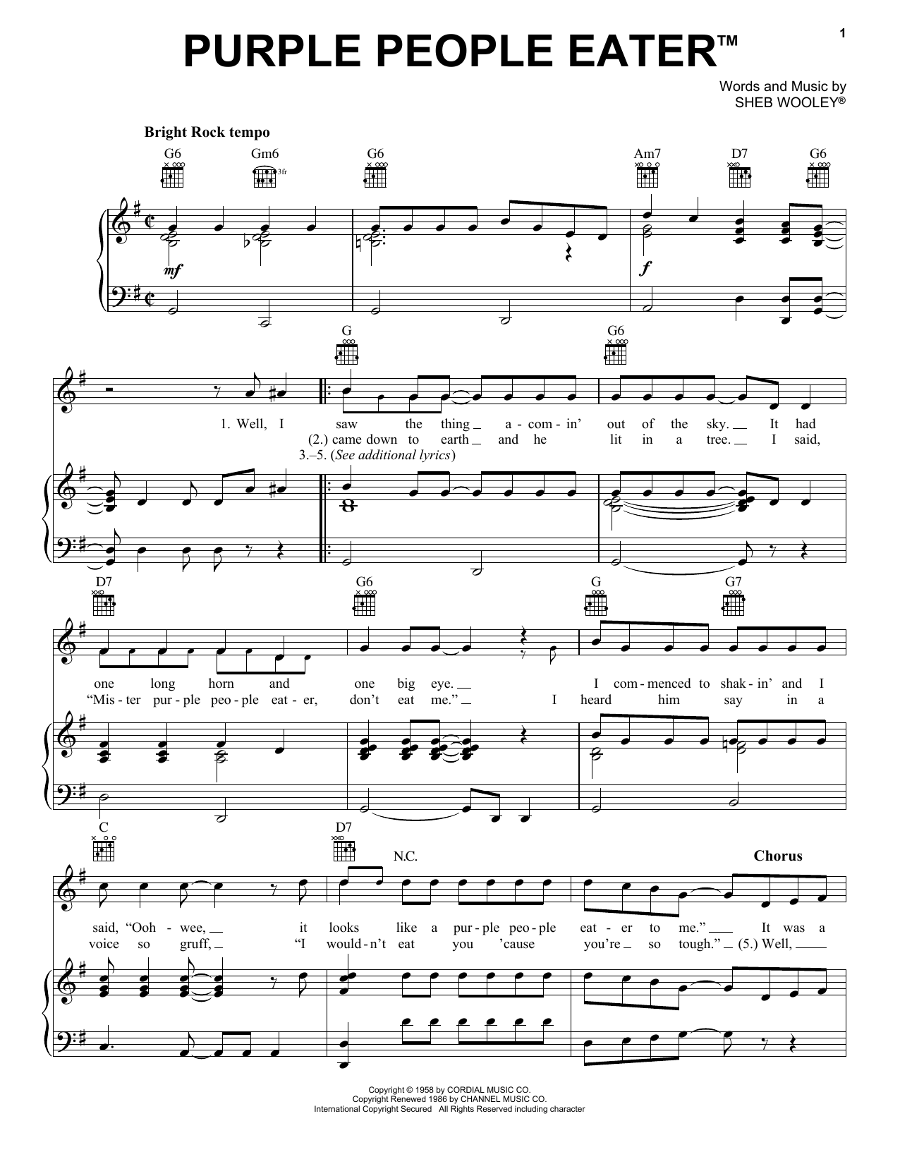 Sheb Wooley Purple People Eater sheet music notes and chords. Download Printable PDF.