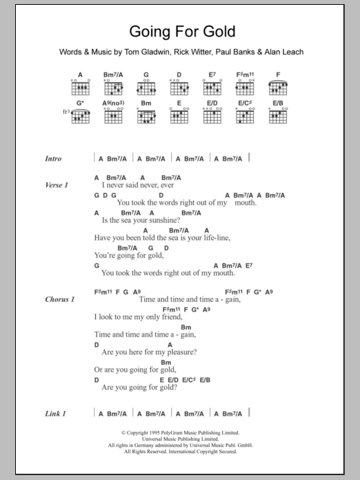 Shed 7 Going for Gold sheet music notes and chords arranged for Piano, Vocal & Guitar Chords