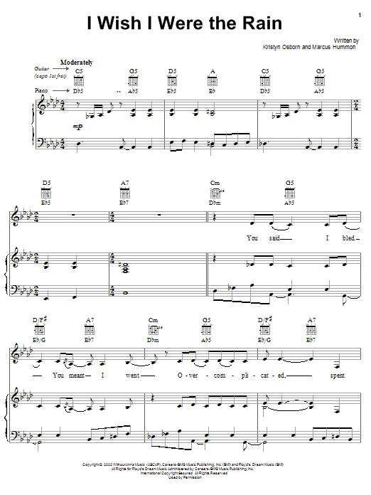 SHeDAISY I Wish I Were The Rain sheet music notes and chords arranged for Piano, Vocal & Guitar Chords (Right-Hand Melody)