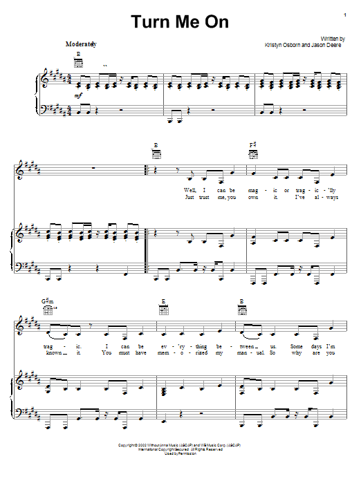Learn to play SHeDAISY Turn Me On sheet music for Piano, Vocal & Guitar Chords (Right-Hand Melody) in minutes. Price: 7.8900$ SHeDAISY Turn Me On sheet music notes and chords arranged for Piano, Vocal & Guitar Chords (Right-Hand Melody)