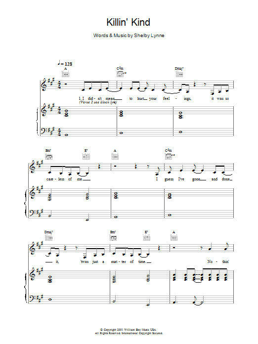 Shelby Lynne Killin' Kind sheet music notes and chords arranged for Piano, Vocal & Guitar Chords