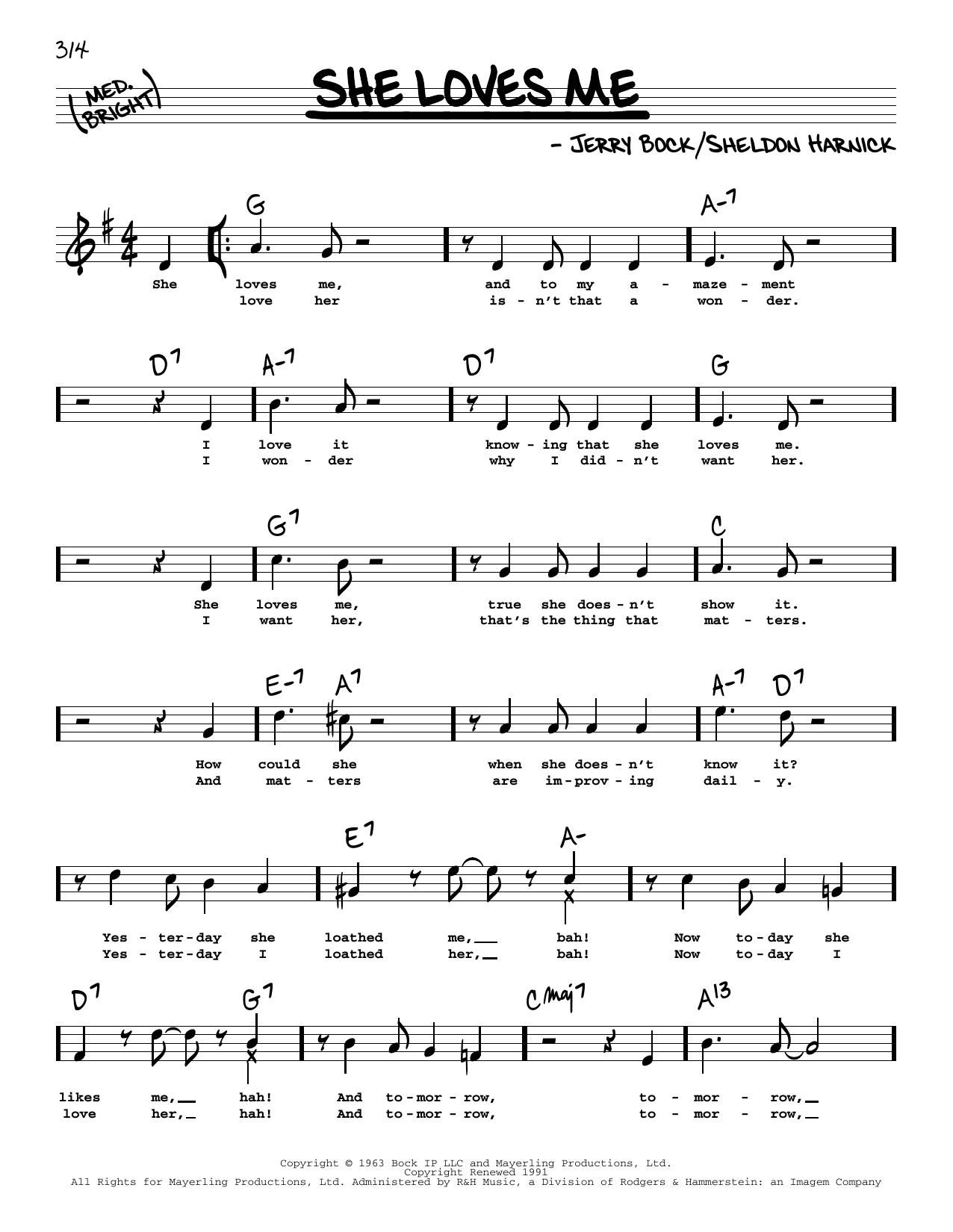 Learn to play Sheldon Harnick and Jerry Bock She Loves Me (High Voice) sheet music for Real Book – Melody, Lyrics & Chords in minutes. Price: 5.9900$ Sheldon Harnick and Jerry Bock She Loves Me (High Voice) sheet music notes and chords arranged for Real Book – Melody, Lyrics & Chords