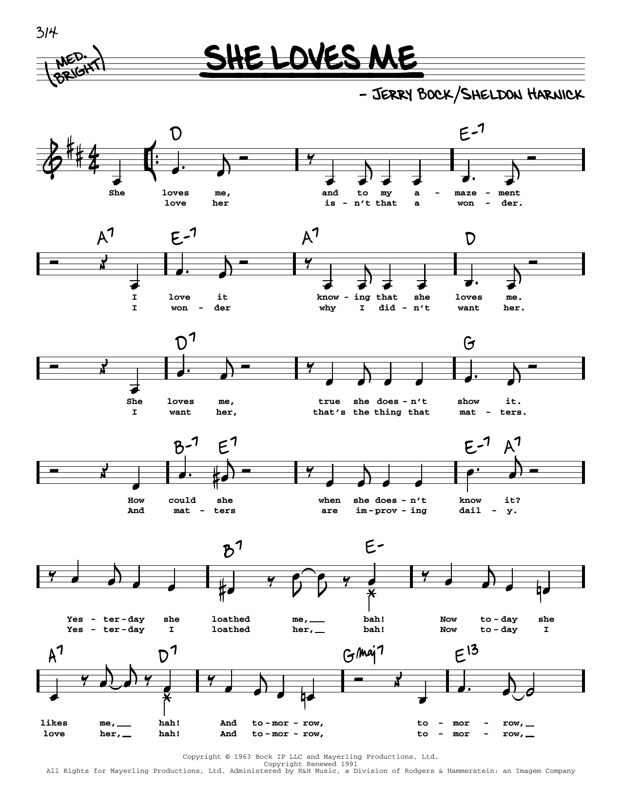 Learn to play Sheldon Harnick She Loves Me (Low Voice) sheet music for Real Book – Melody, Lyrics & Chords in minutes. Price: 5.9900$ Sheldon Harnick She Loves Me (Low Voice) sheet music notes and chords arranged for Real Book – Melody, Lyrics & Chords