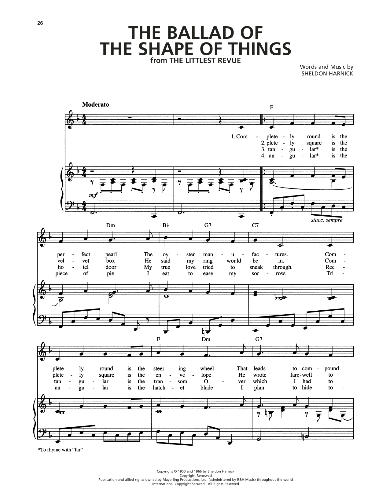 Learn to play Sheldon Harnick The Ballad Of The Shape Of Things (from The Littlest Revue) sheet music for Piano, Vocal & Guitar Chords (Right-Hand Melody) in minutes. Price: 7.8900$ Sheldon Harnick The Ballad Of The Shape Of Things (from The Littlest Revue) sheet music notes and chords arranged for Piano, Vocal & Guitar Chords (Right-Hand Melody)