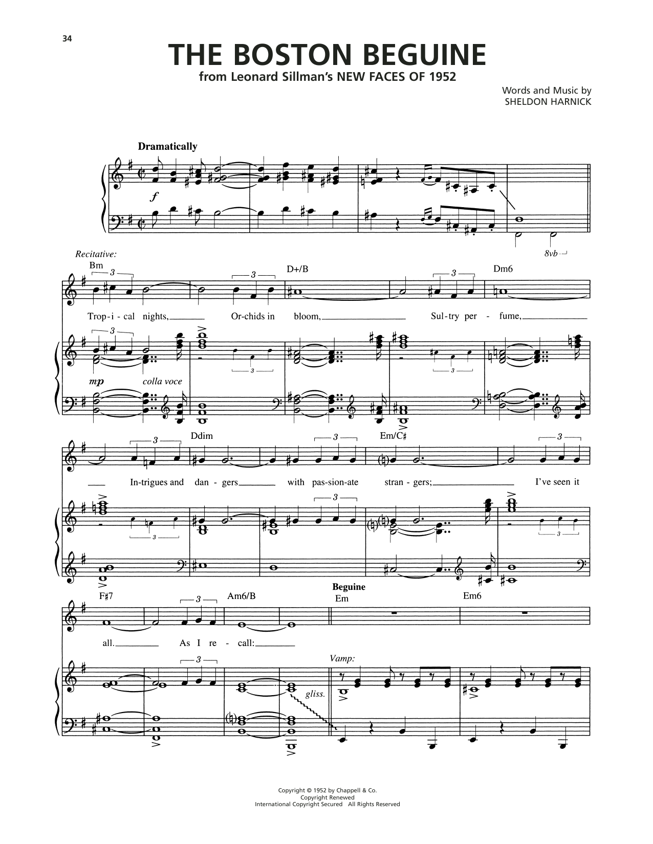 Learn to play Sheldon Harnick The Boston Beguine (from New Faces of 1952) sheet music for Piano, Vocal & Guitar Chords (Right-Hand Melody) in minutes. Price: 7.8900$ Sheldon Harnick The Boston Beguine (from New Faces of 1952) sheet music notes and chords arranged for Piano, Vocal & Guitar Chords (Right-Hand Melody)