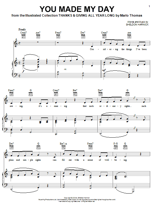 Learn to play Sheldon Harnick You Made My Day sheet music for Piano, Vocal & Guitar Chords (Right-Hand Melody) in minutes. Price: 7.8900$ Sheldon Harnick You Made My Day sheet music notes and chords arranged for Piano, Vocal & Guitar Chords (Right-Hand Melody)