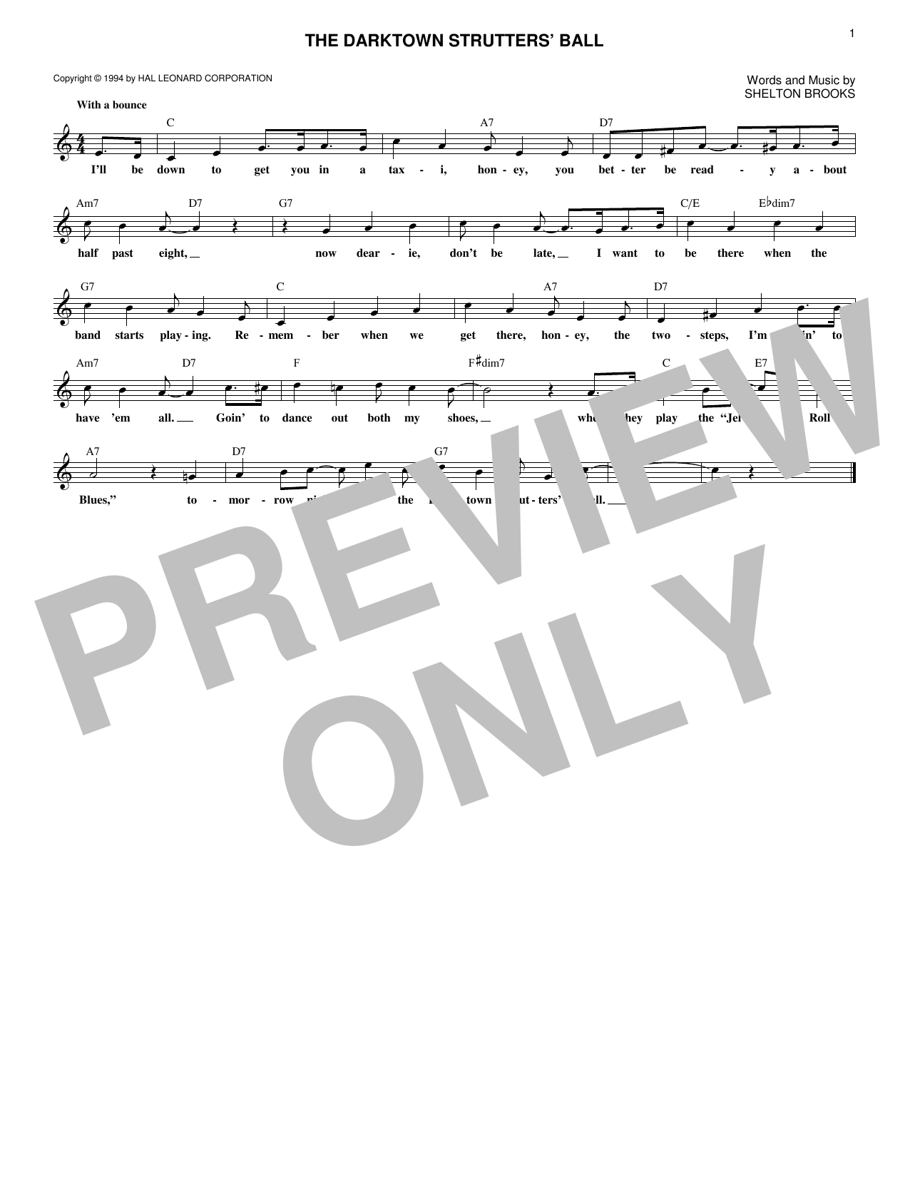 Learn to play Shelton Brooks The Darktown Strutters' Ball sheet music for Lead Sheet / Fake Book in minutes. Price: 5.9900$ Shelton Brooks The Darktown Strutters' Ball sheet music notes and chords arranged for Lead Sheet / Fake Book
