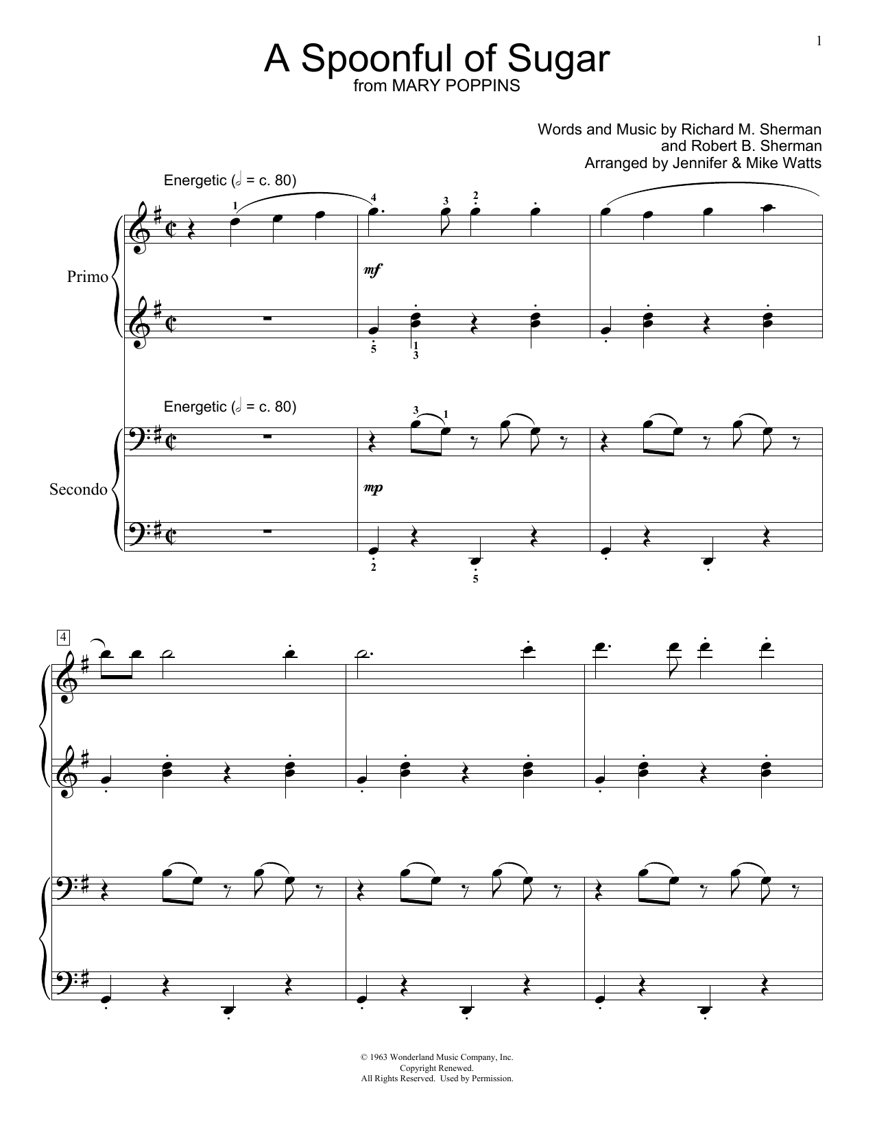 Learn to play Jennifer and Mike Watts A Spoonful Of Sugar sheet music for Piano Duet in minutes. Price: 7.8900$ Jennifer and Mike Watts A Spoonful Of Sugar sheet music notes and chords arranged for Piano Duet