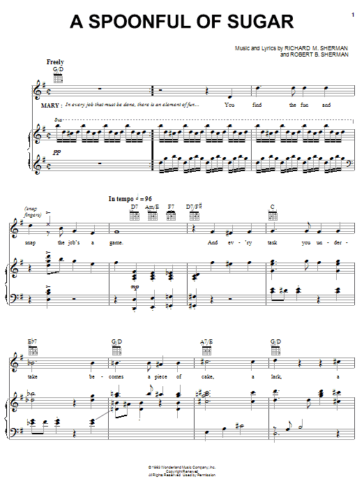 Sherman Brothers A Spoonful Of Sugar sheet music notes and chords arranged for Piano, Vocal & Guitar Chords (Right-Hand Melody)