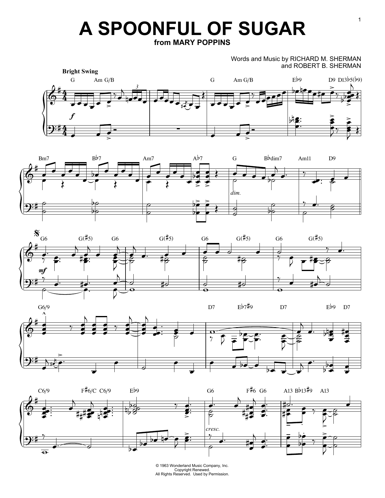 Robert B. Sherman A Spoonful Of Sugar [Jazz version] (from Mary Poppins) sheet music notes and chords arranged for Piano Solo
