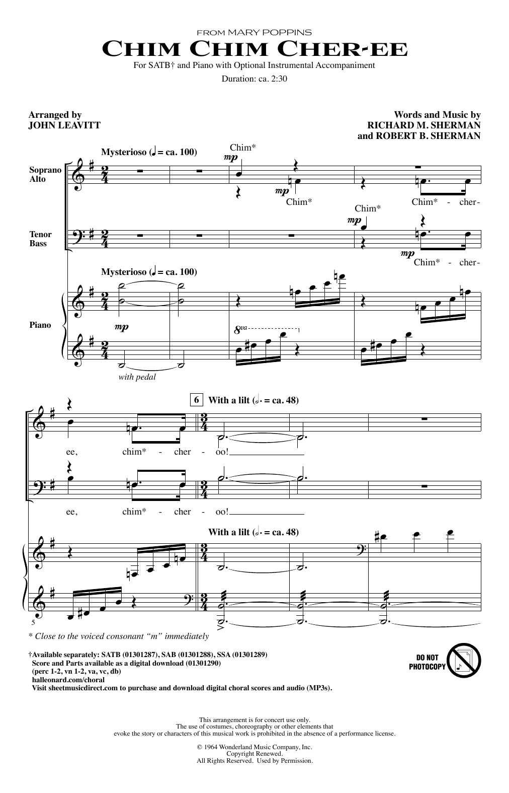 Sherman Brothers Chim Chim Cher-ee (from Mary Poppins) (arr. John Leavitt) sheet music notes and chords. Download Printable PDF.