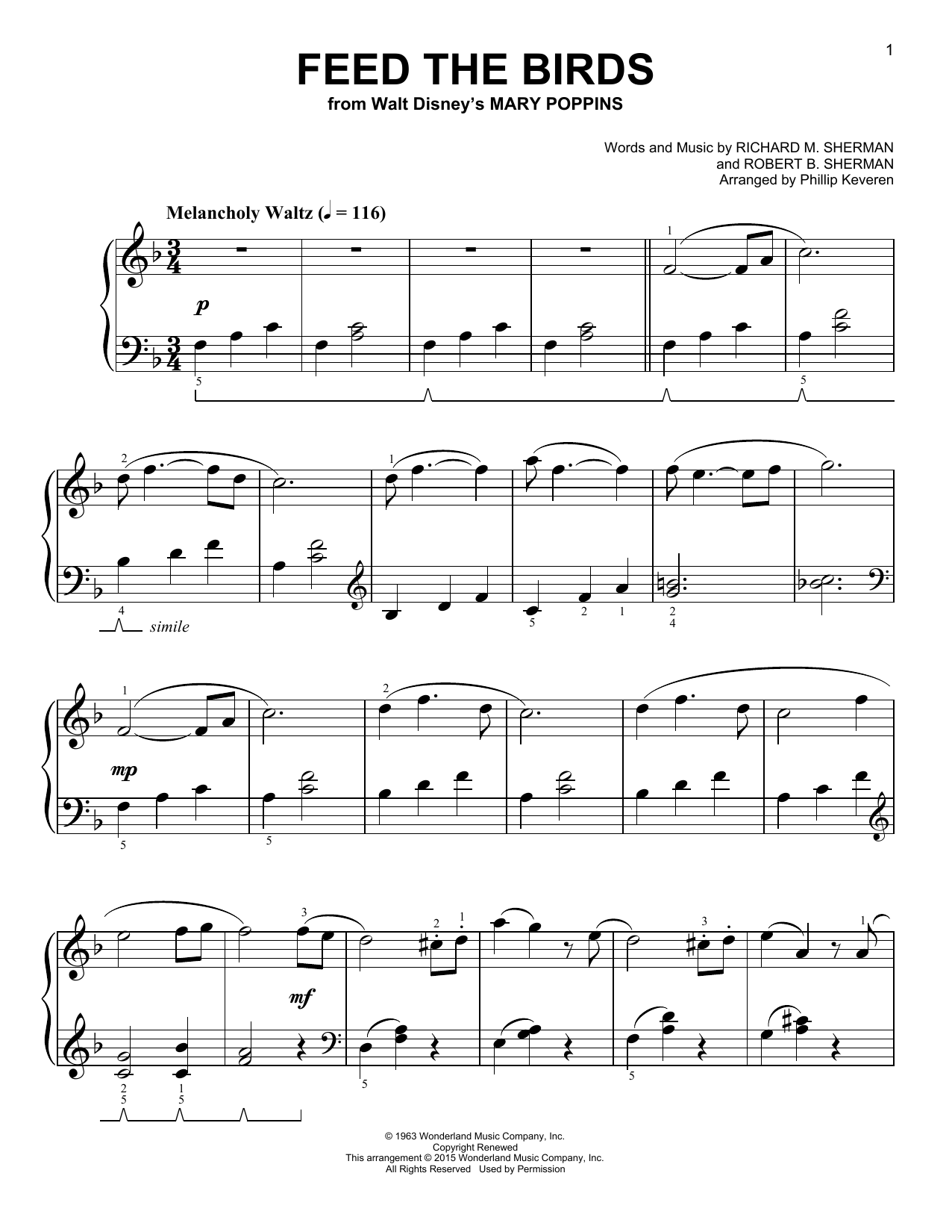 Sherman Brothers Feed The Birds [Classical version] (from Mary Poppins) (arr. Phillip Keveren) sheet music notes and chords. Download Printable PDF.