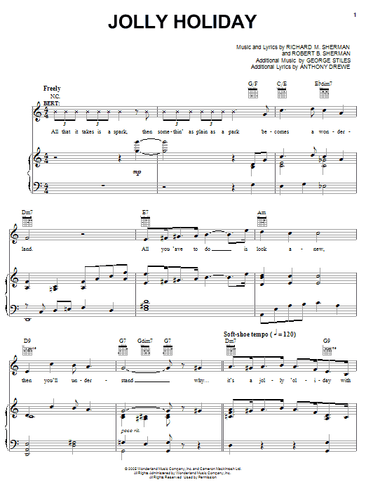 Sherman Brothers Jolly Holiday sheet music notes and chords. Download Printable PDF.