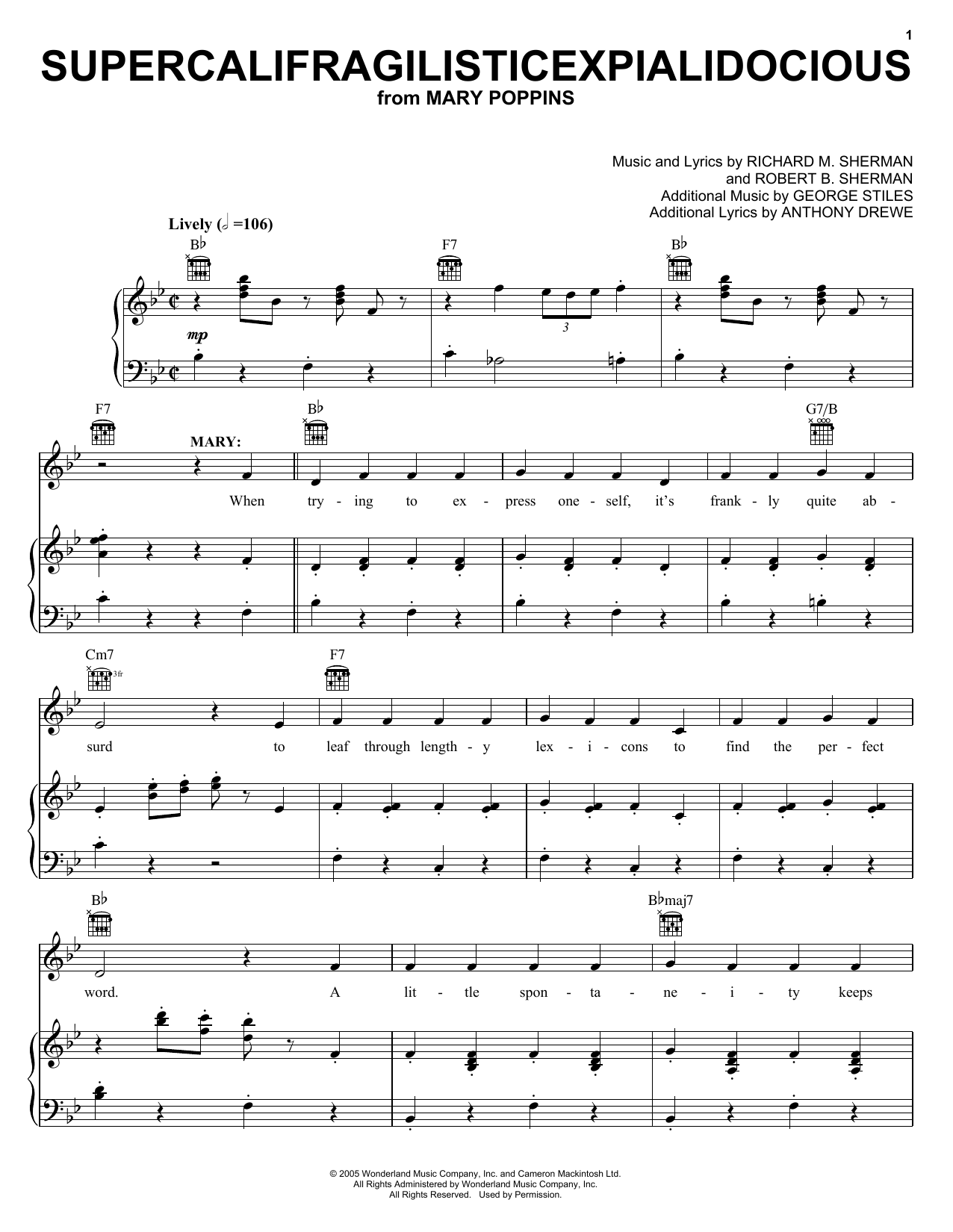 Sherman Brothers Supercalifragilisticexpialidocious (from Mary Poppins) sheet music notes and chords. Download Printable PDF.