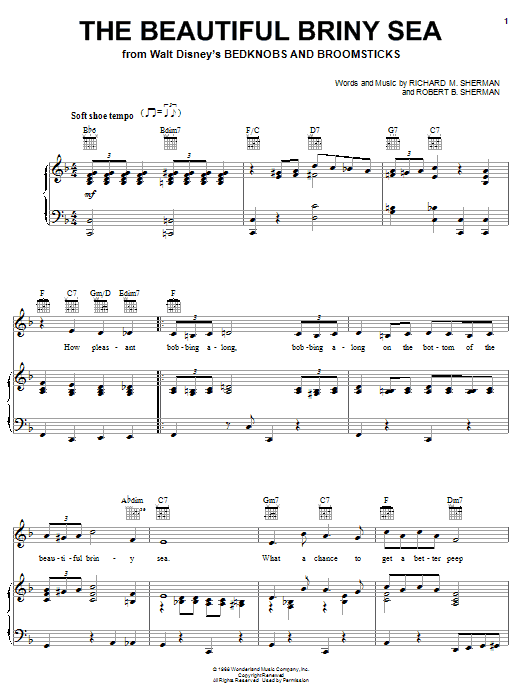 Learn to play Sherman Brothers The Beautiful Briny Sea sheet music for Piano, Vocal & Guitar Chords (Right-Hand Melody) in minutes. Price: 7.8900$ Sherman Brothers The Beautiful Briny Sea sheet music notes and chords arranged for Piano, Vocal & Guitar Chords (Right-Hand Melody)