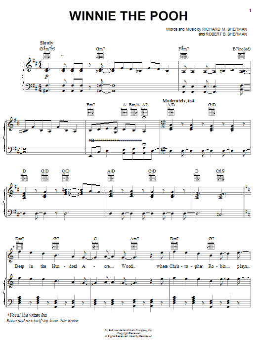 Learn to play Sherman Brothers Winnie The Pooh sheet music for Piano, Vocal & Guitar Chords (Right-Hand Melody) in minutes. Price: 7.8900$ Sherman Brothers Winnie The Pooh sheet music notes and chords arranged for Piano, Vocal & Guitar Chords (Right-Hand Melody)