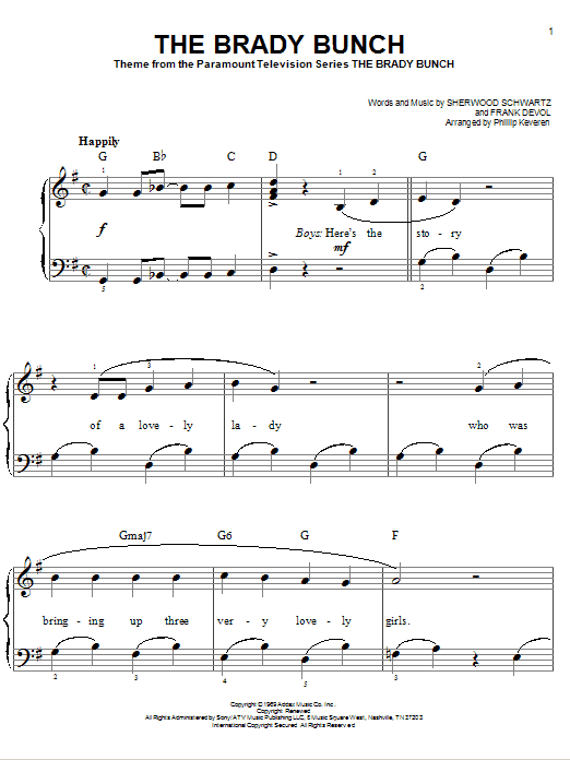 Learn to play Sherwood Schwartz The Brady Bunch sheet music for Easy Piano in minutes. Price: 6.9900$ Sherwood Schwartz The Brady Bunch sheet music notes and chords arranged for Easy Piano