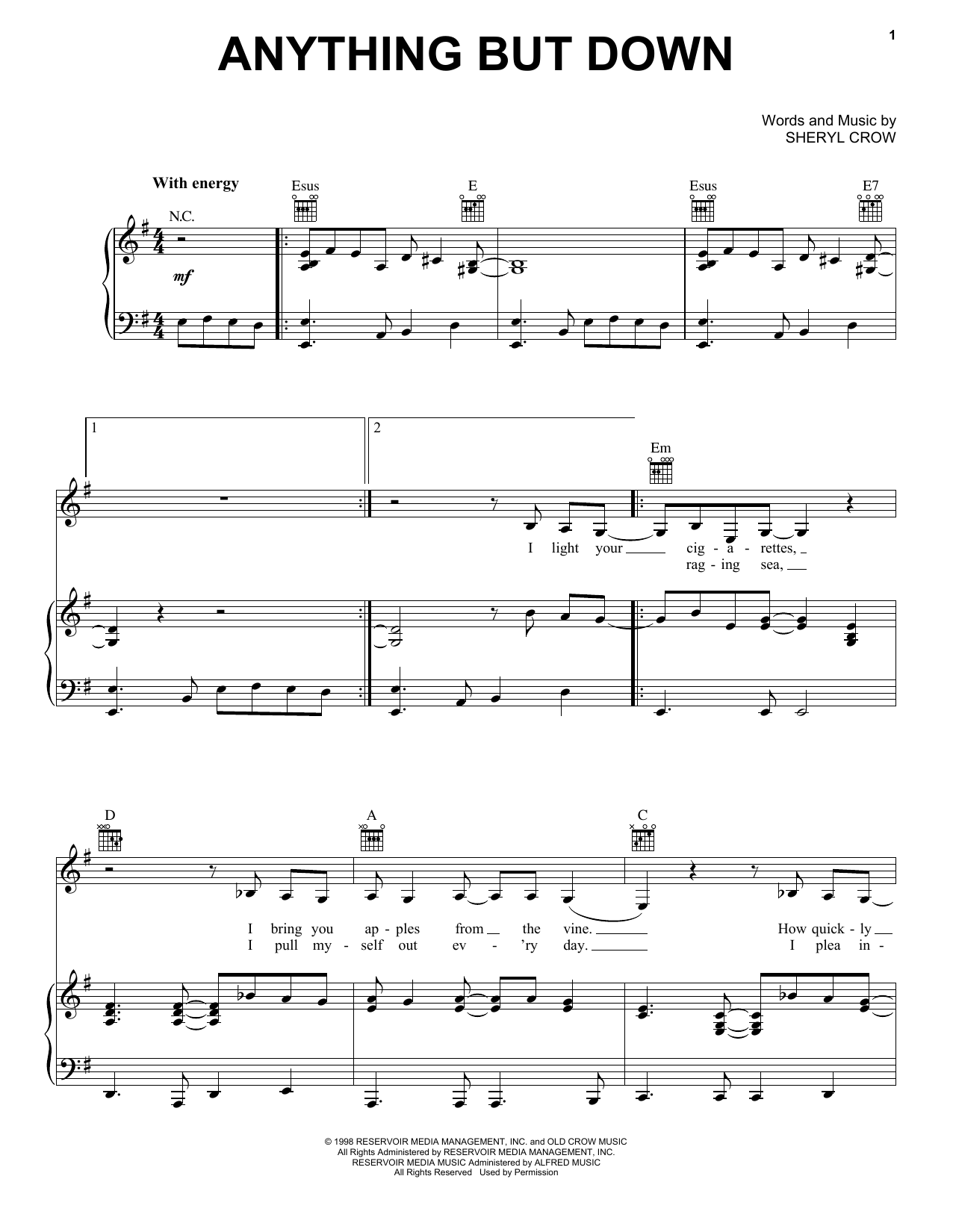 Learn to play Sheryl Crow Anything But Down sheet music for Piano, Vocal & Guitar Chords (Right-Hand Melody) in minutes. Price: 7.8900$ Sheryl Crow Anything But Down sheet music notes and chords arranged for Piano, Vocal & Guitar Chords (Right-Hand Melody)