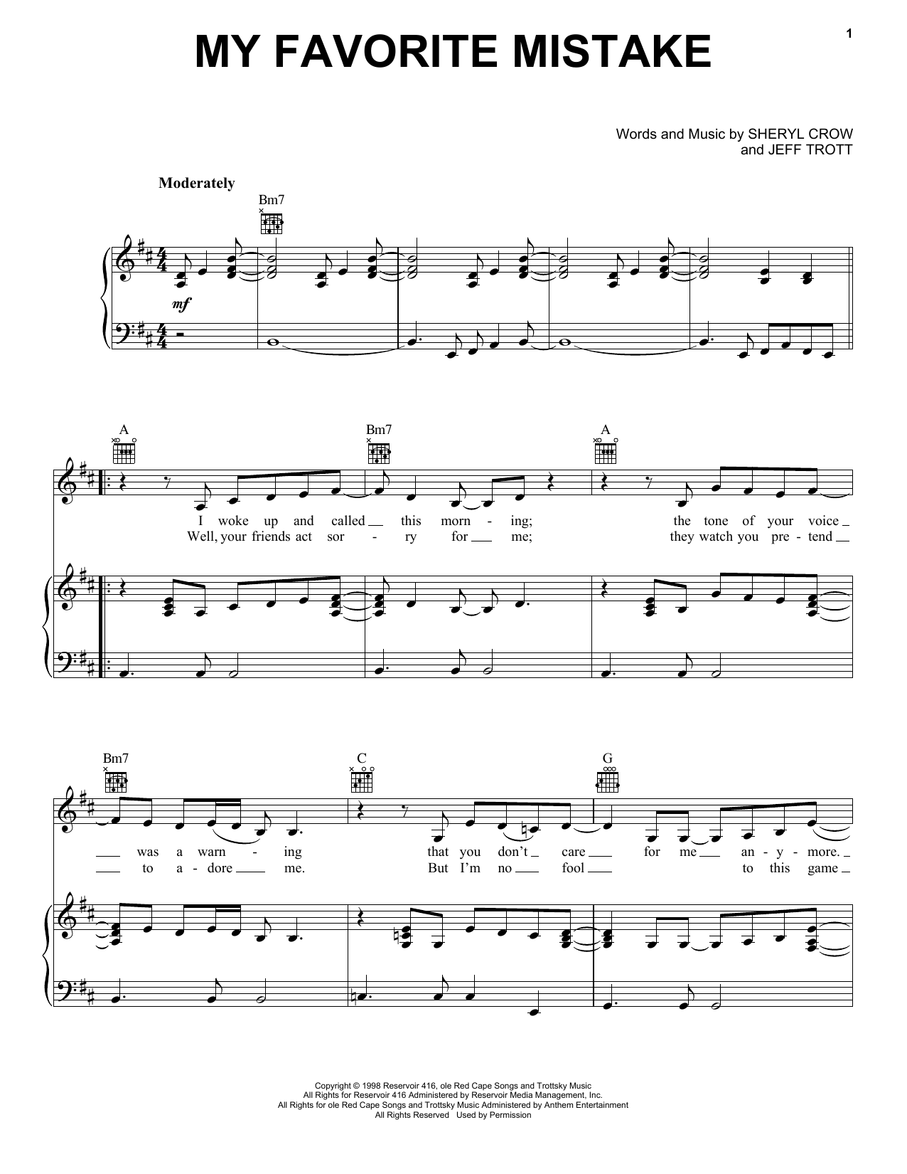 Learn to play Sheryl Crow My Favorite Mistake sheet music for Piano, Vocal & Guitar Chords (Right-Hand Melody) in minutes. Price: 7.8900$ Sheryl Crow My Favorite Mistake sheet music notes and chords arranged for Piano, Vocal & Guitar Chords (Right-Hand Melody)