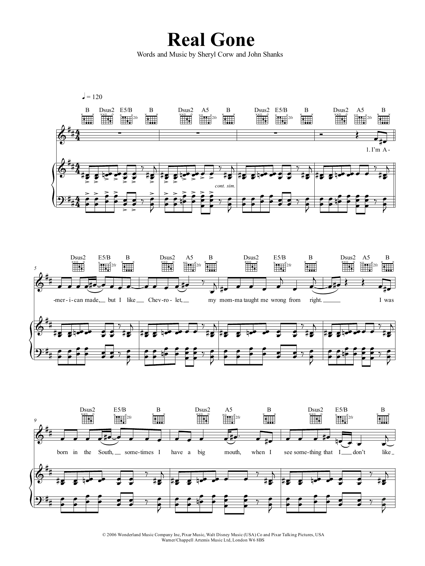 Sheryl Crow Real Gone (from Cars) sheet music notes and chords. Download Printable PDF.