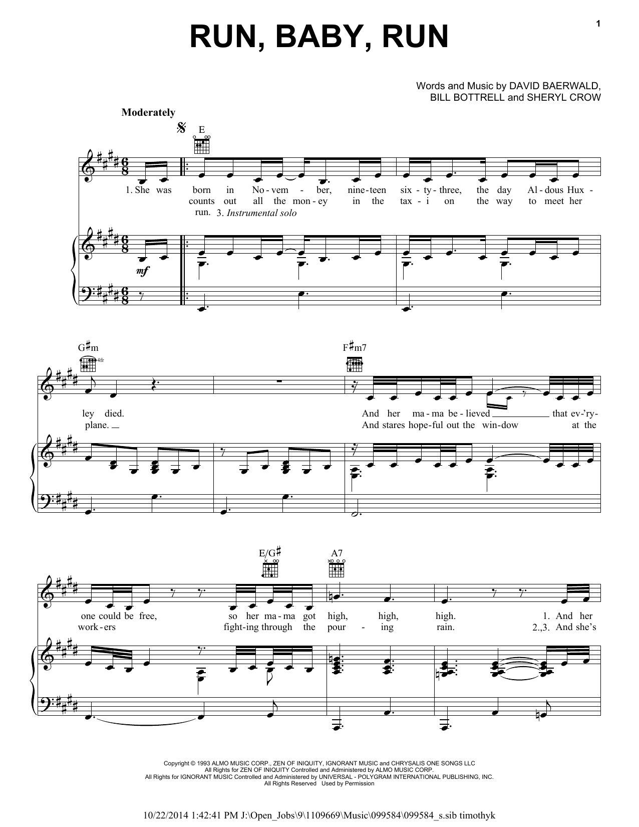 Sheryl Crow Run, Baby, Run sheet music notes and chords arranged for Piano, Vocal & Guitar Chords