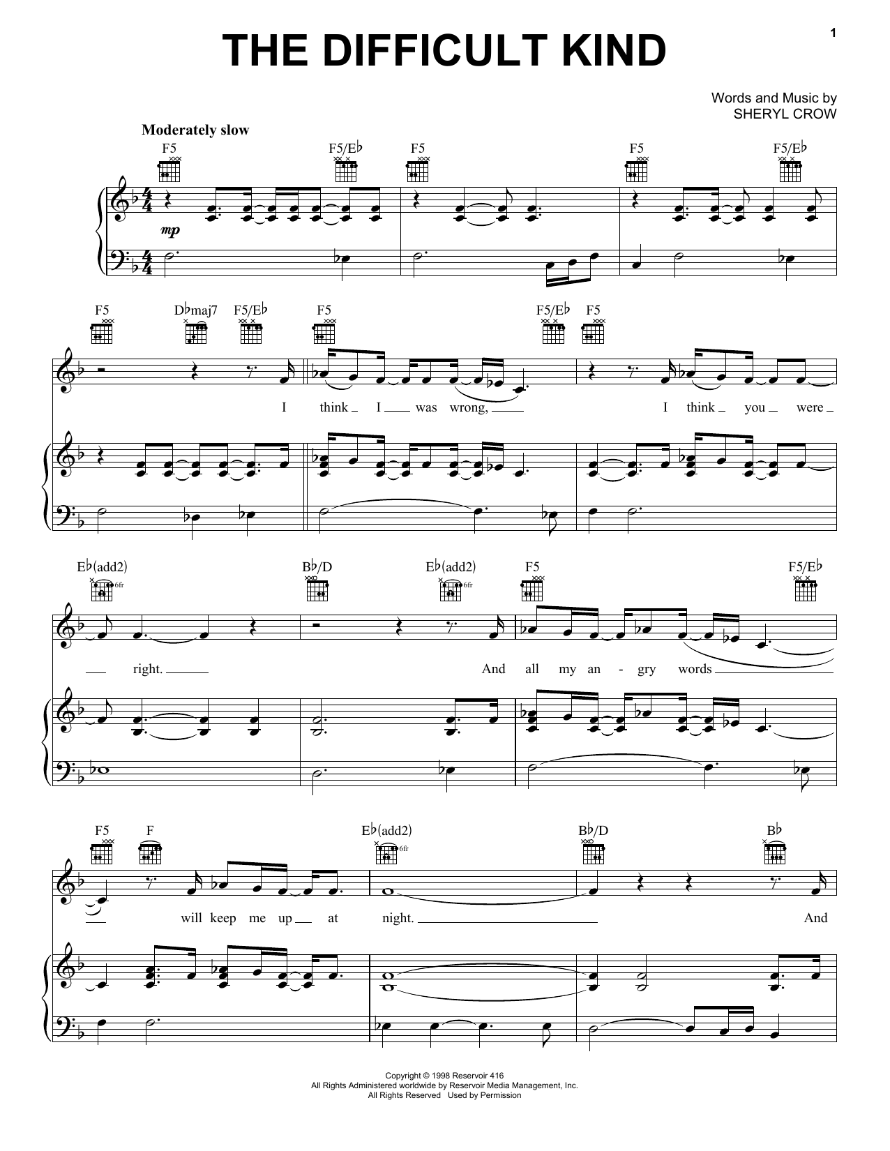 Sheryl Crow The Difficult Kind sheet music notes and chords. Download Printable PDF.