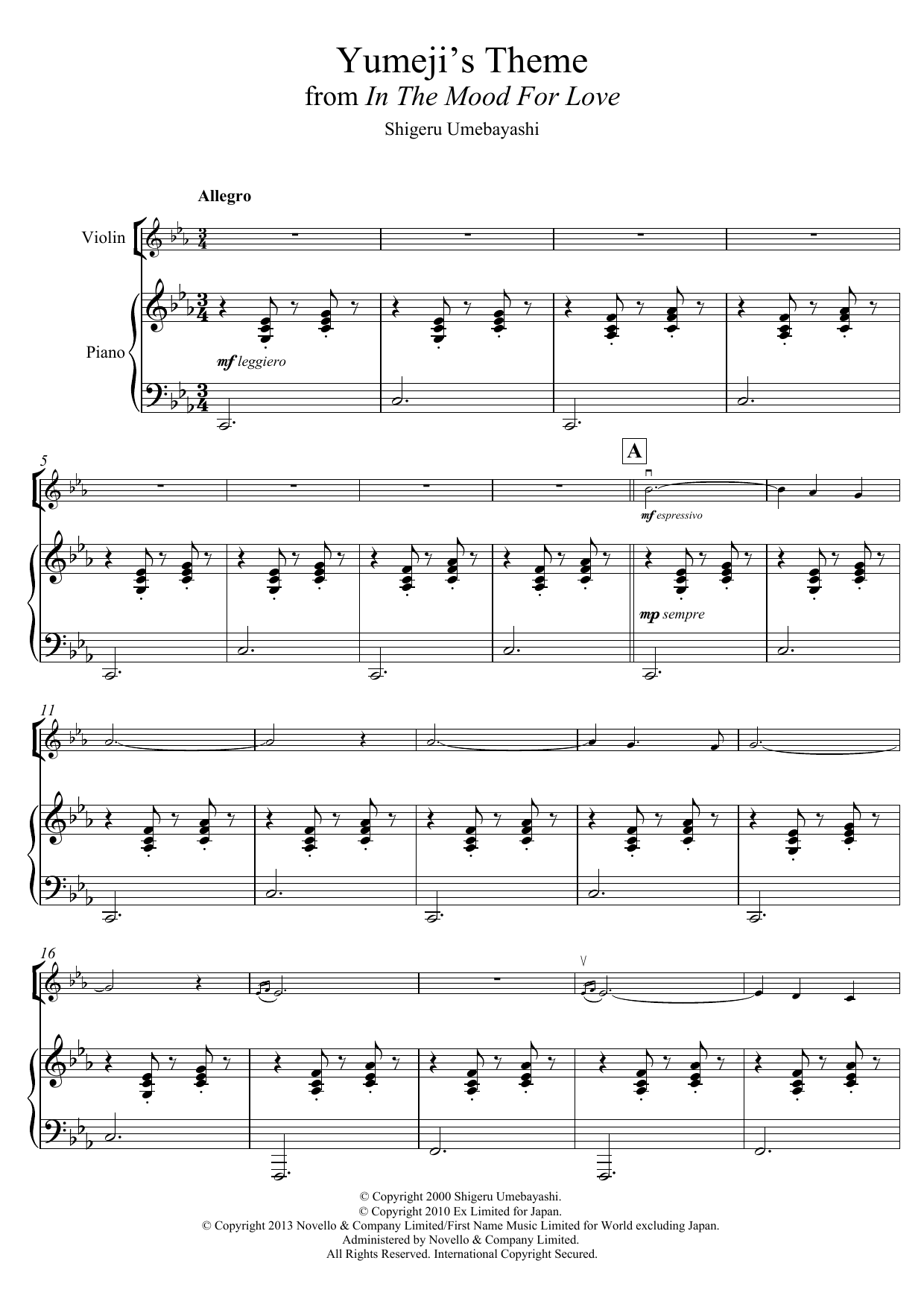 Shigeru Umebayashi Yumeji's Theme (from 'In The Mood For Love') sheet music notes and chords. Download Printable PDF.