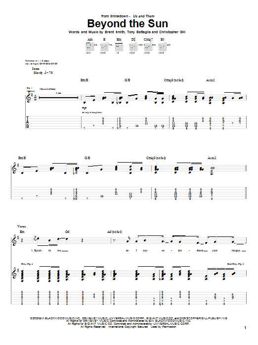 Learn to play Shinedown Beyond The Sun sheet music for Guitar Tab in minutes. Price: 7.8900$ Shinedown Beyond The Sun sheet music notes and chords arranged for Guitar Tab