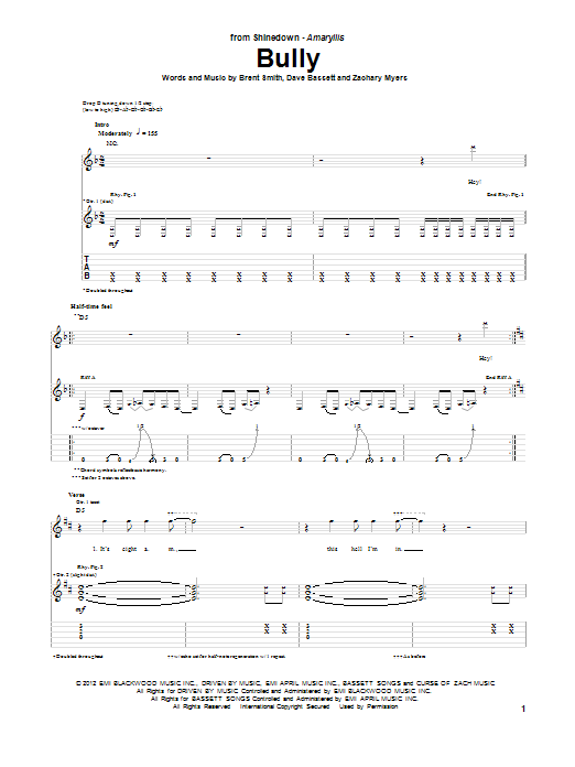 Shinedown Bully sheet music notes and chords. Download Printable PDF.