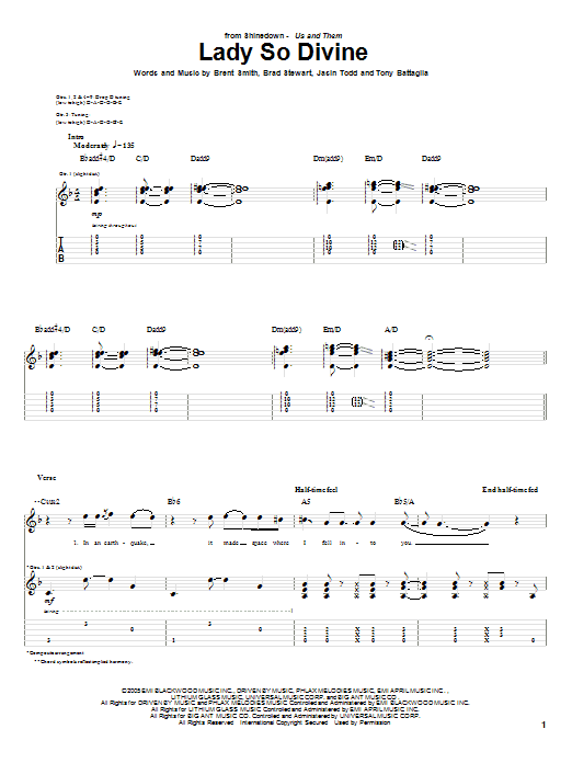 Learn to play Shinedown Lady So Devine sheet music for Guitar Tab in minutes. Price: 7.8900$ Shinedown Lady So Devine sheet music notes and chords arranged for Guitar Tab