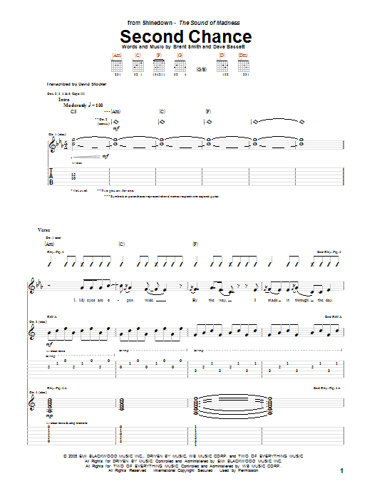 Shinedown Second Chance sheet music notes and chords. Download Printable PDF.