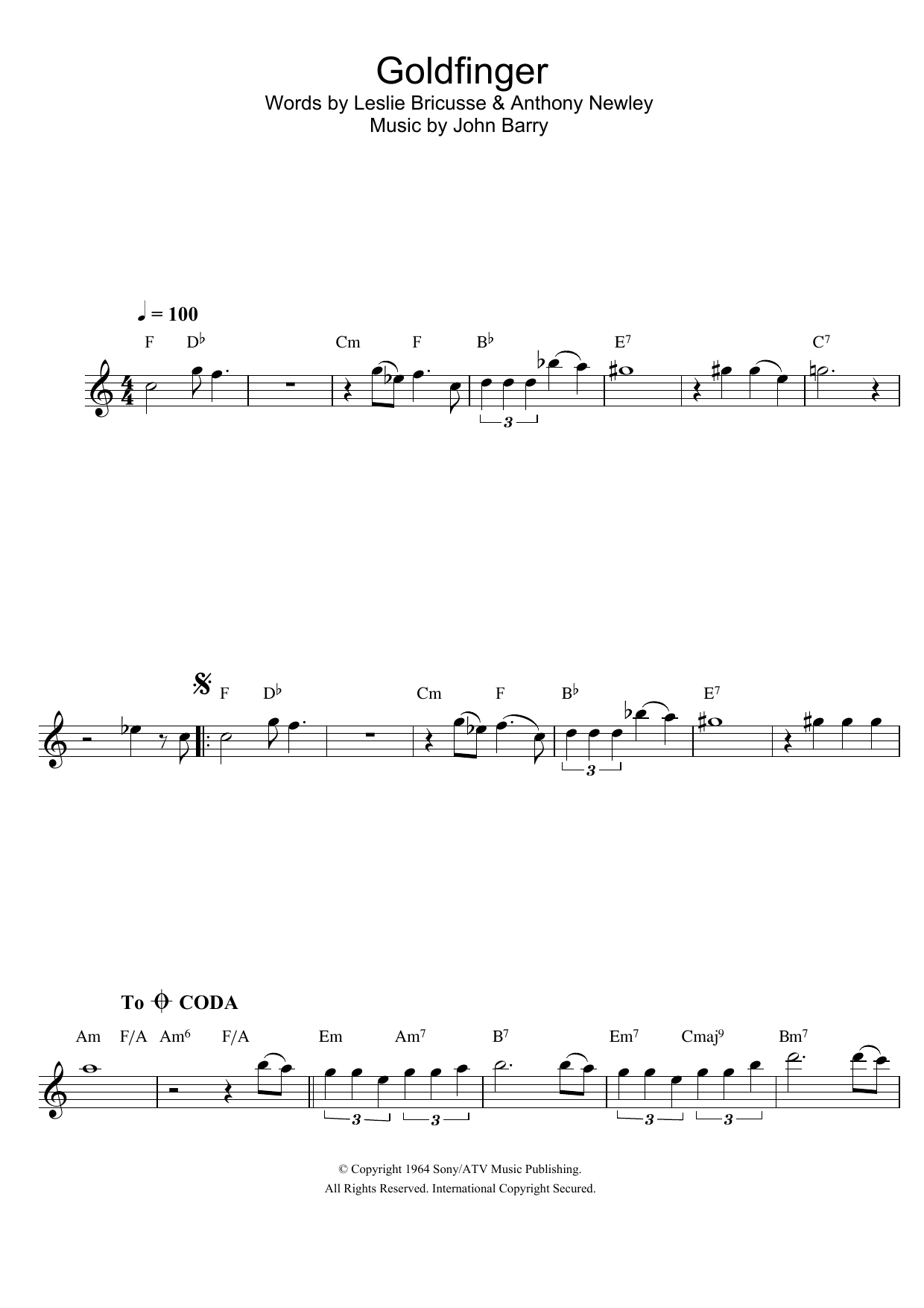 Shirley Bassey Goldfinger (from James Bond: 'Goldfinger') sheet music notes and chords. Download Printable PDF.