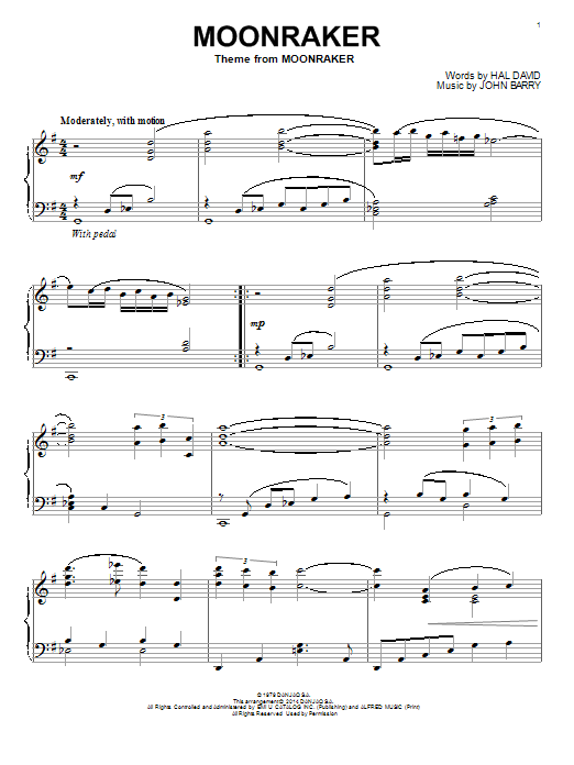 Shirley Bassey Moonraker sheet music notes and chords arranged for Really Easy Piano