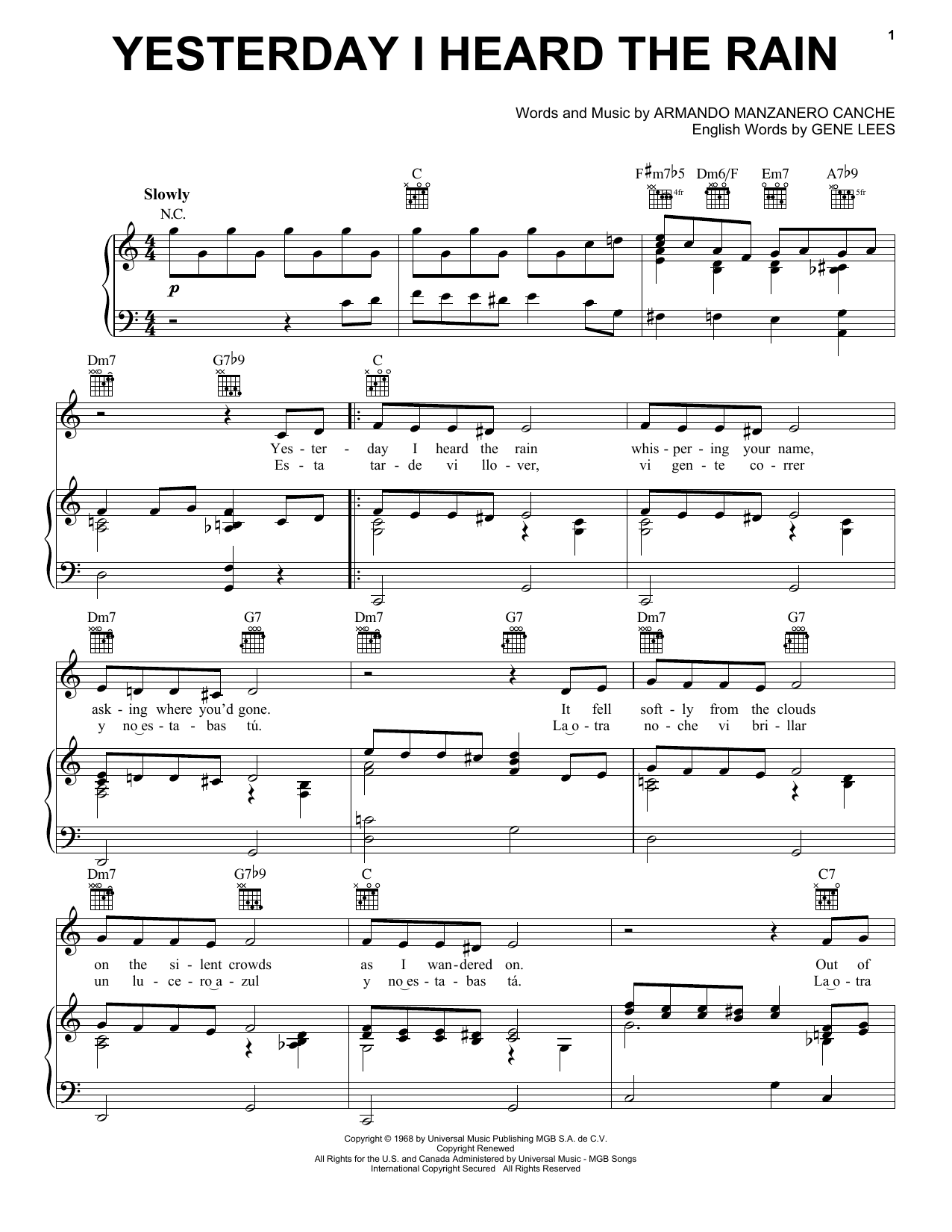 Shirley Bassey Yesterday I Heard The Rain sheet music notes and chords arranged for Piano, Vocal & Guitar Chords (Right-Hand Melody)