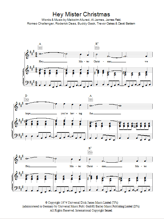 Showaddywaddy Hey Mr. Christmas sheet music notes and chords arranged for Piano, Vocal & Guitar Chords